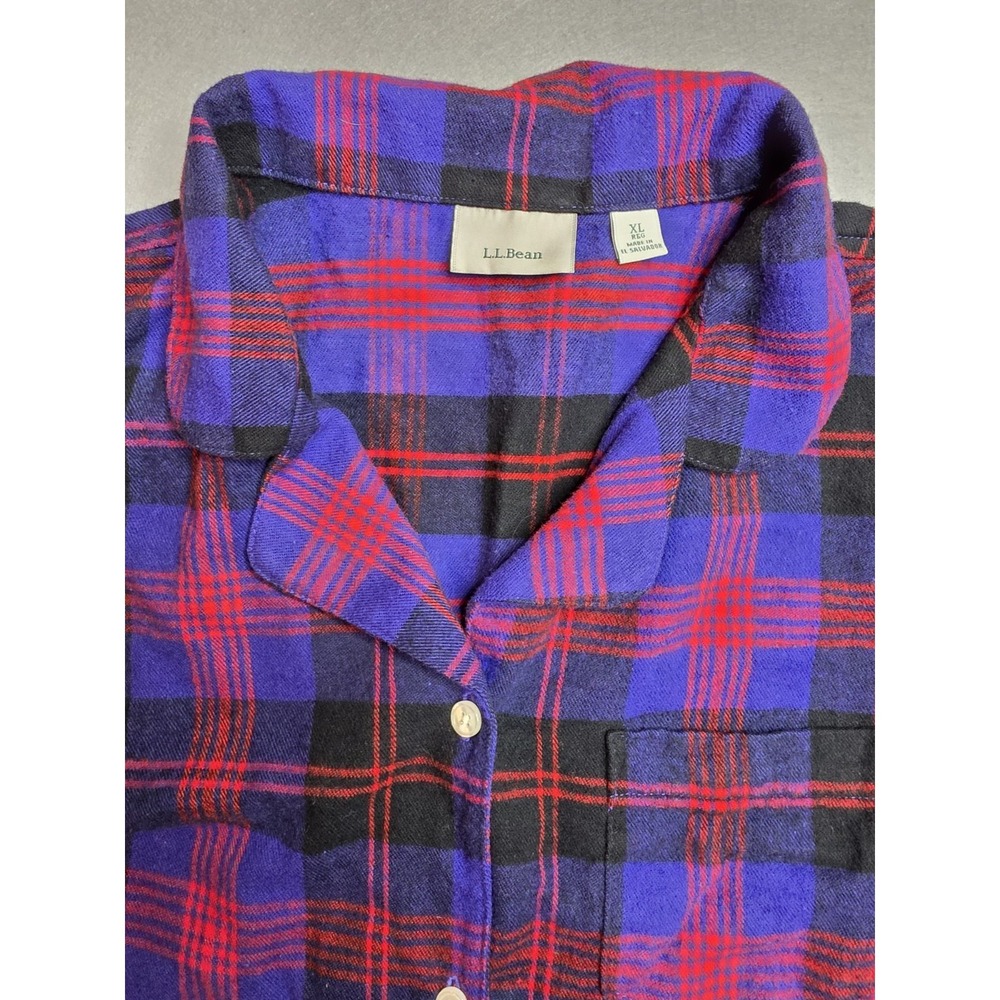 LL BEAN pajama Flannel Shirt Men’s Size XL Purple Red Plaid Button Up Cotton